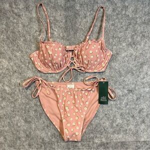 Wild Fable Blush Pink Daisy Floral Bikini Set Medium Ruffles Bows Adjustable NWT